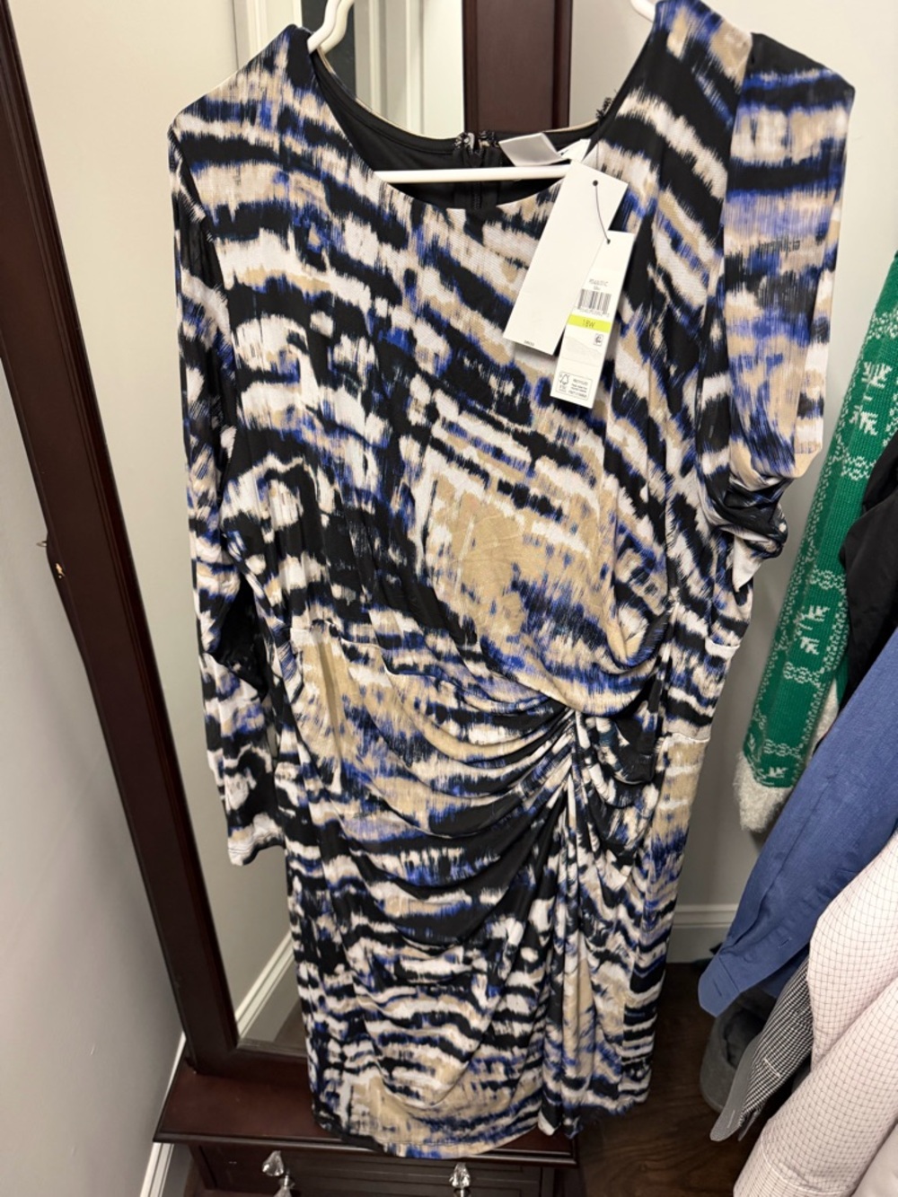 DKNY Abstract Print Knit Dress in Black, Blue & Beige